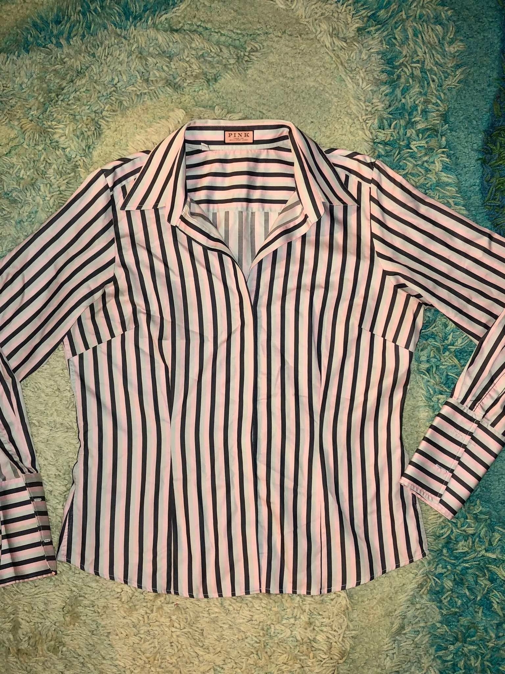 THOMAS PINK Pink Gray Black Striped 100% Cotton Collared Button-Up Size US14